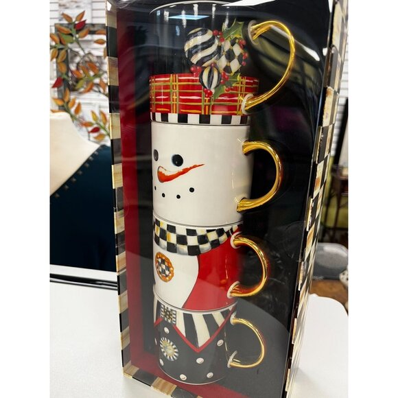 MACKENZIE-CHILDS Top Hat Snowman Mug Tower - Set of 4 -  New in Box - Picture 3 of 6